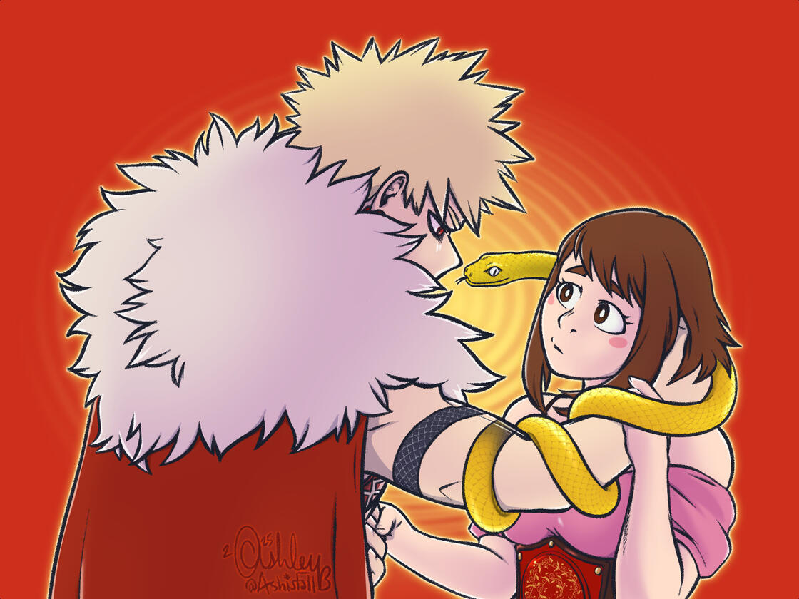 Bakugou and Uraraka facing one another. Bakugou has a snake coiled around his arm and his hand is around the back of Uraraka's head.