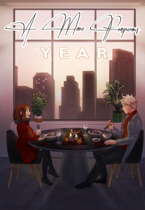 Bakugou and Uraraka sit opposite each other at a fancy dinner table next to a window overlooking the city. They are in happy conversation. Text reads: "A More Prosperous Year".