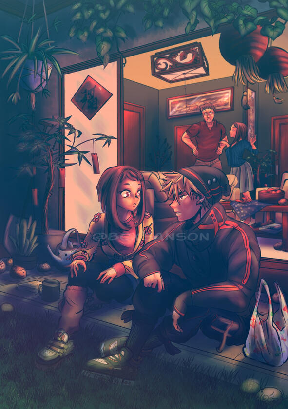 Bakugou and Uraraka sit outside of Uraraka's parents home, talking. Uraraka's parents watch on from inside the house. Uraraka's father is irritated by their conversation.