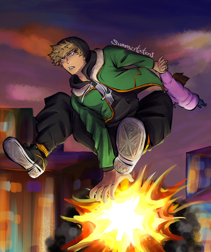 Bakugou flies through the air with an explosion while his other hand grips Uraraka's wrist to pull her through the air behind him.
