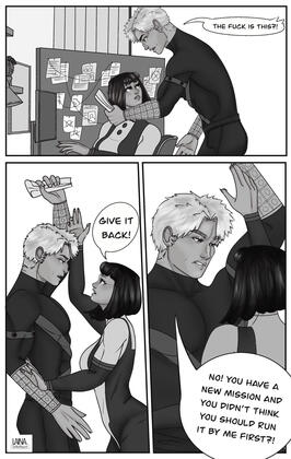 One page of a multi-page comic featuring Bakugou and Uraraka who work as pro-heroes at the same agency.